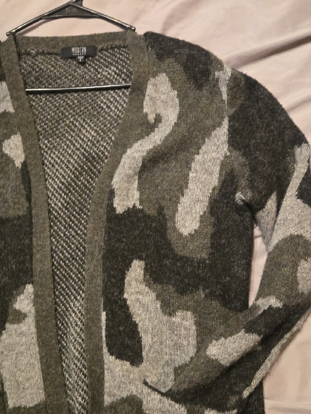 Open-Front Camouflage Knit Cardigan - Olive/Gray - Picture 6 of 7
